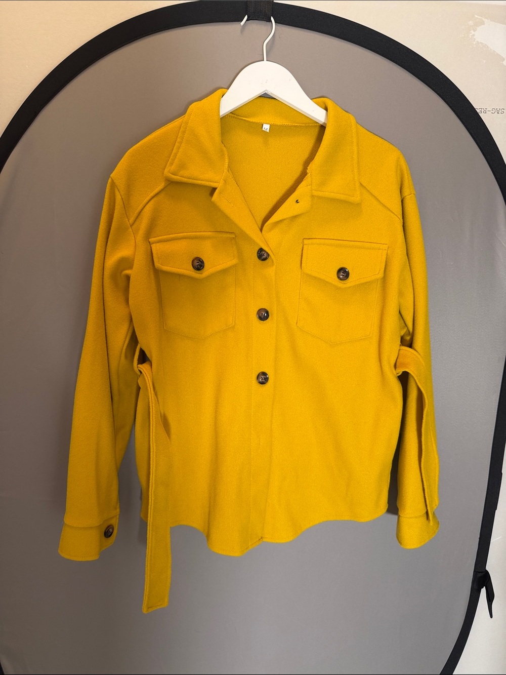 Women’s Mustard Yellow Button-Front Fleece Jacket with Belt